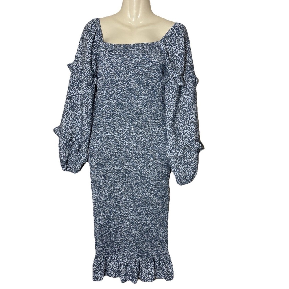 PrettyGarden Blue White Leopard Smocked Midi Dress Puff Sleeve Ruffle Hem Medium